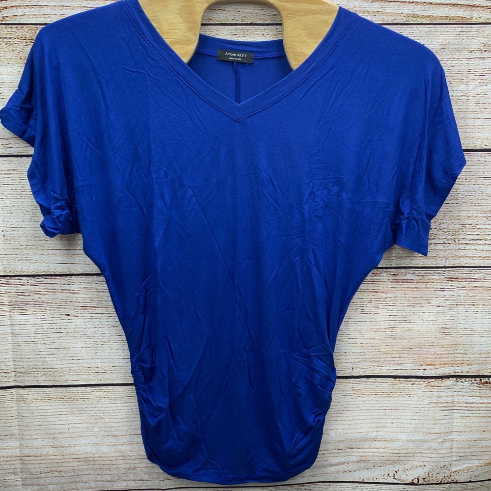 Amroe All F Y Royal Blue‎ V Neck Dolman Sleeve Ruched Side Top Medium